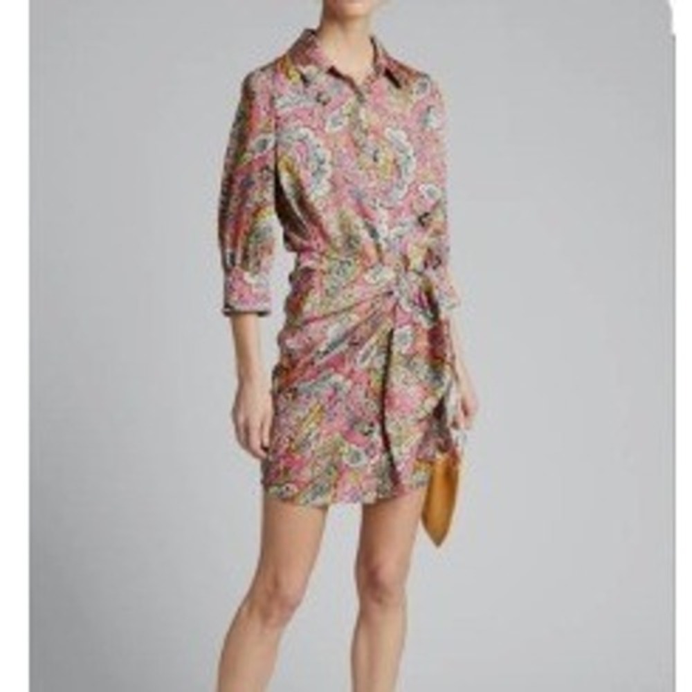 Cinq a Sept Gaby Paisley Draped Shirt Dress Womens 4 Pink Tie Waist 3/4 Sleeve